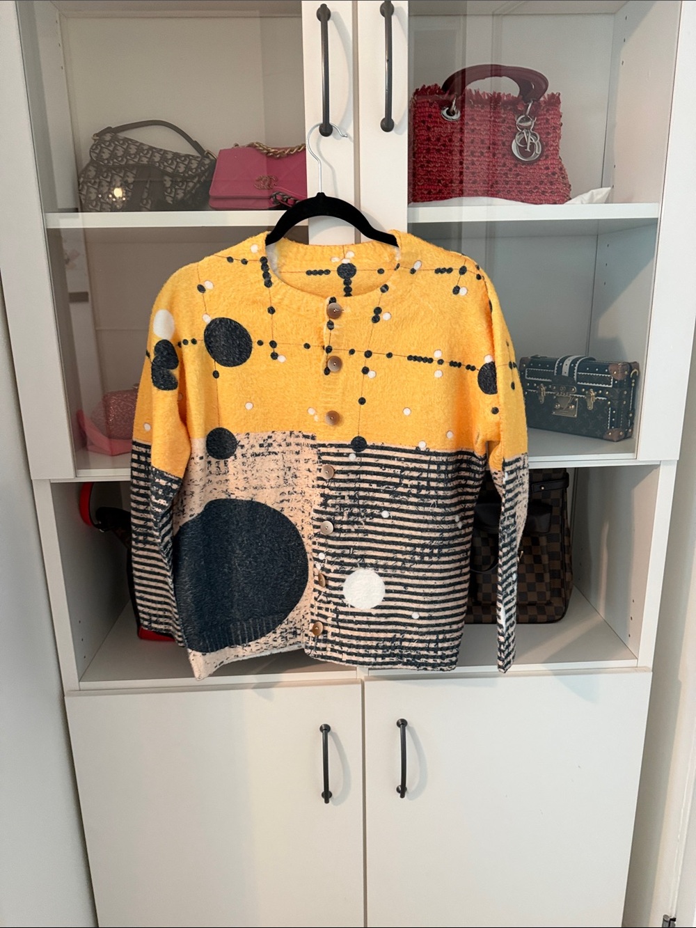 Abstract Polka Dot Button Cardigan in Mustard & Black